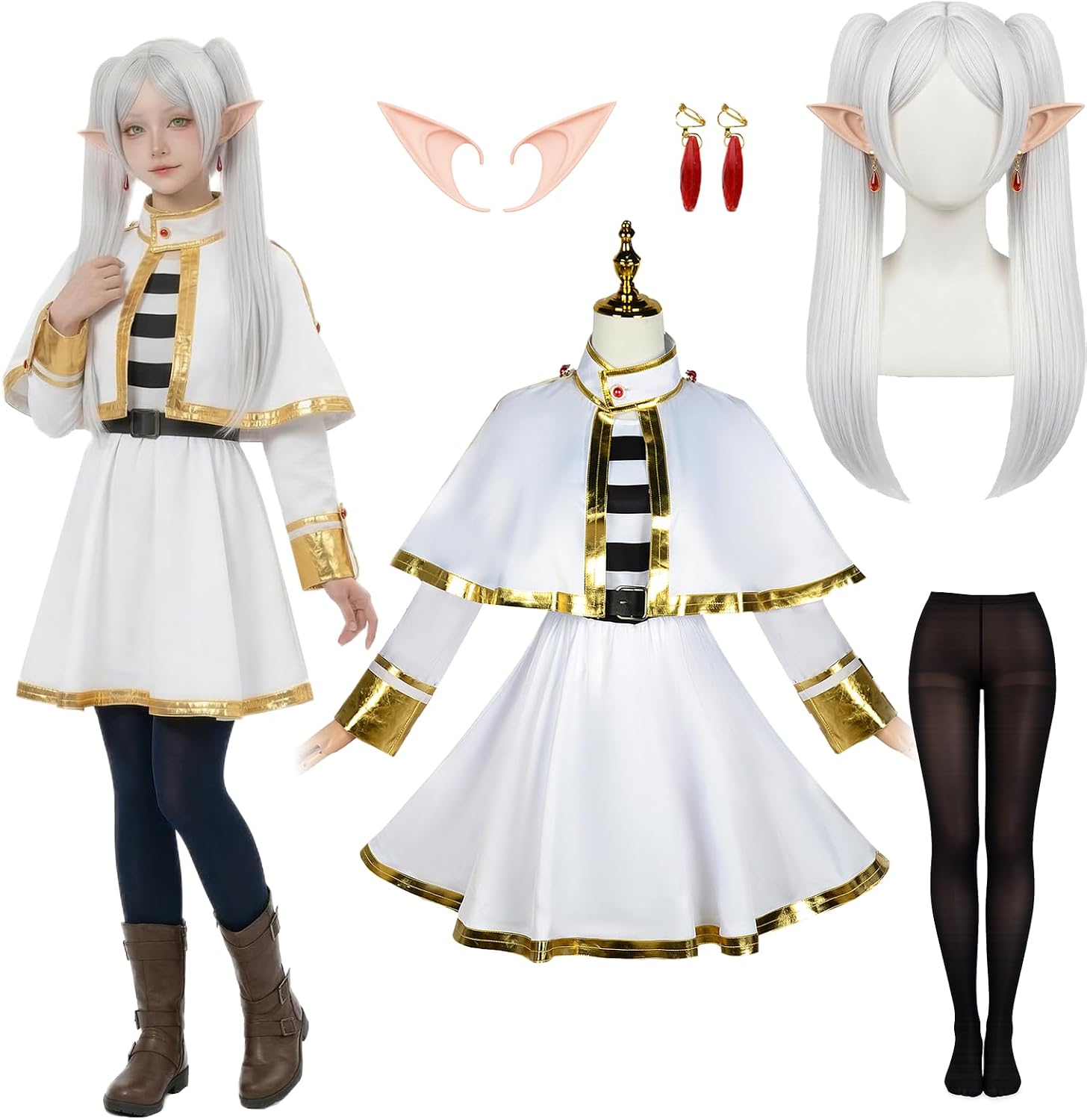 milky time Funeral Freren Cosplay Costume, Women's Anime Elf With Wig