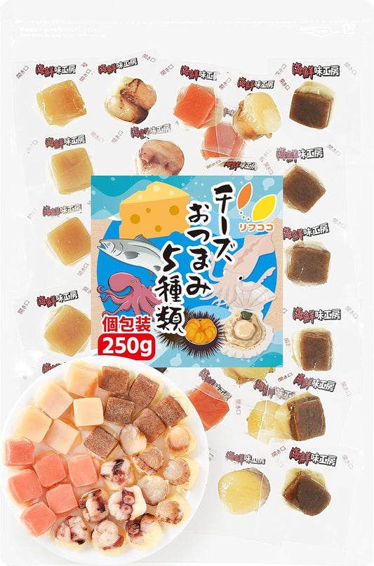 Rifcoco Cheese Snacks Assortment 5 Varieties Individually Wrapped (Scallop, Salmon, Sea Urchin, Grilled Squid, Seasoned Octopus) 1 Bag Total 250g (50g Each) Delicacy Snack Alcohol Companion Sea Urchin