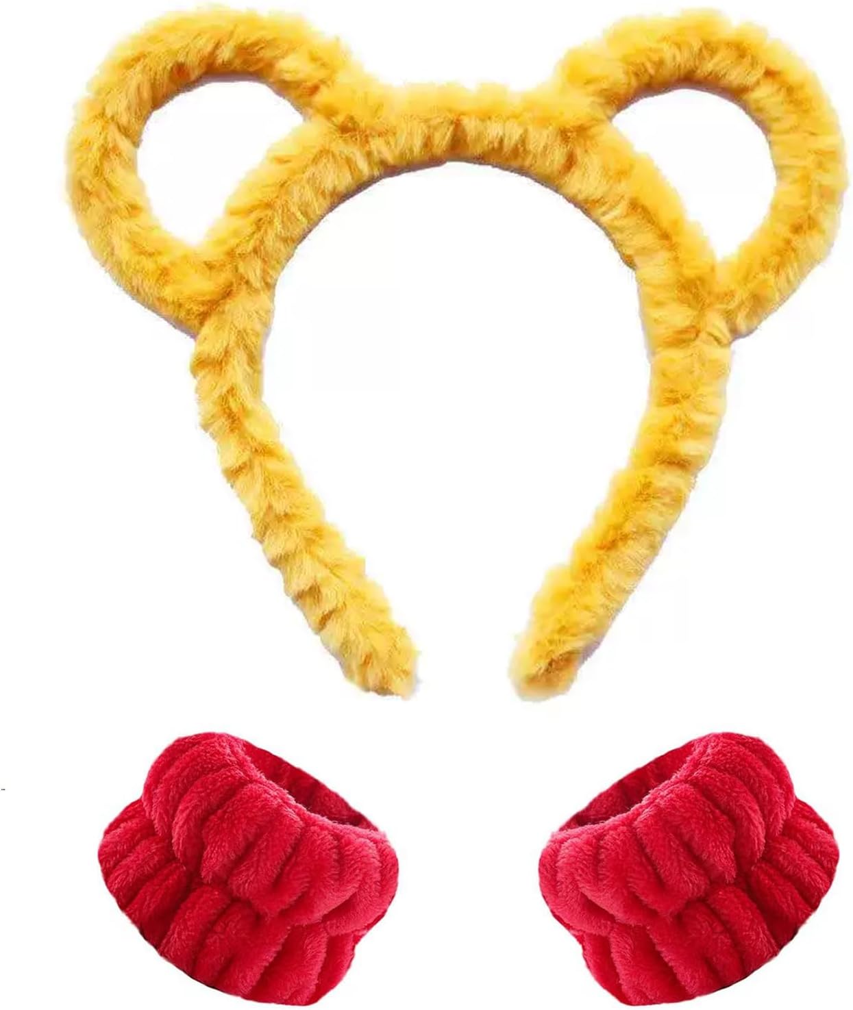 GWAWG Bear Ears Headband Costume Set Yellow Headband and Cuffs, Soft Plush Headband with Bear Ears for Adults, Realistic Accessories for Christmas, Halloween, Party 3 Pieces