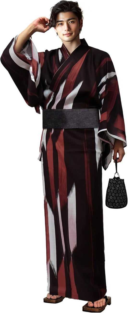 Aletta domani Men's Yukata, One-touch Belt, 2-Piece Set, Men's Kimono, Kasuri, Striped, Floral Pattern, 100% Cotton, Classic Pattern, Summer Festivals, Fireworks Displays