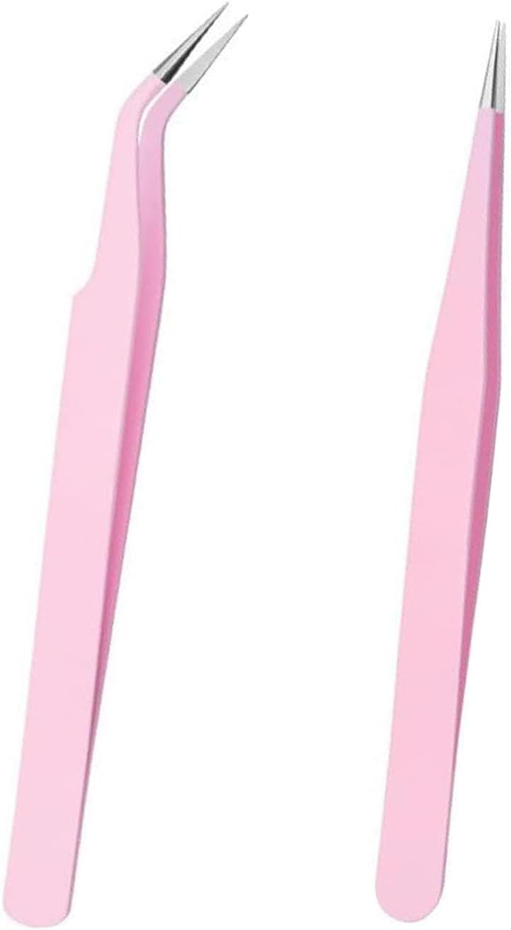 LUYING Lashes Pink Straight Stainless Steel Fine Work False Eyelashes Fine Work False Eyelashes Fine Work False Eyelashes (Tweezers Pink 2pcs)