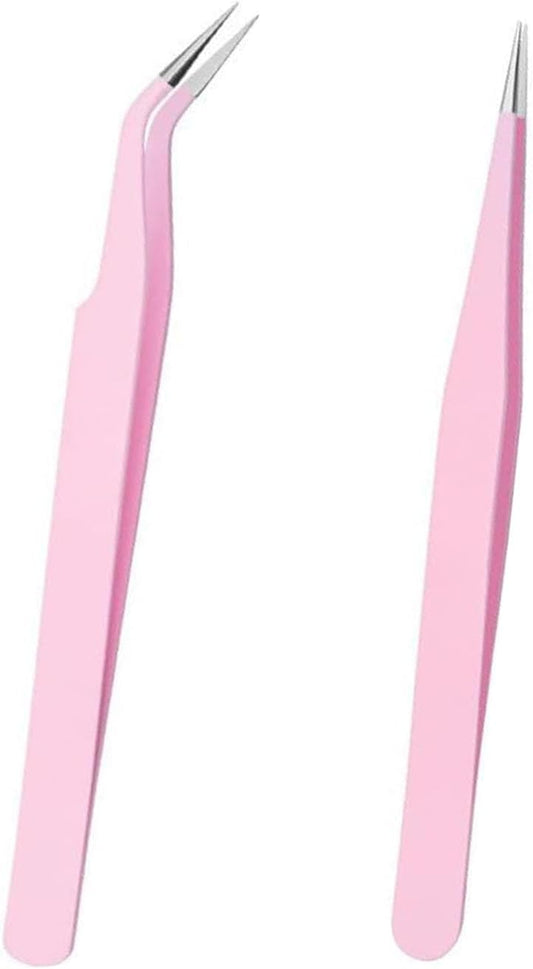 LUYING Lashes Pink Straight Stainless Steel Fine Work False Eyelashes Fine Work False Eyelashes Fine Work False Eyelashes (Tweezers Pink 2pcs)