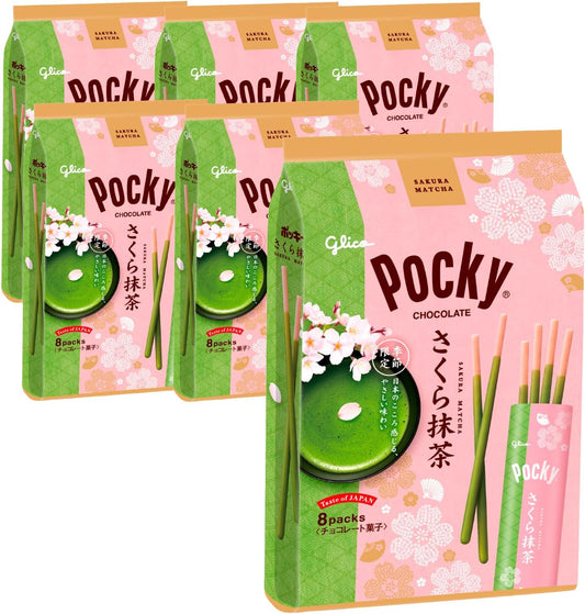 Ezaki Glico Pocky Sakura Matcha Green Tea, Pocky Sakura Matcha Chocolate Glico, 8 Bags x 6 Packs