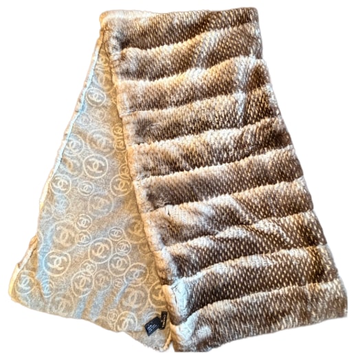 CHANEL RABBIT FUR & CASHMERE REVERSIBLE CC PRINT SCARF
