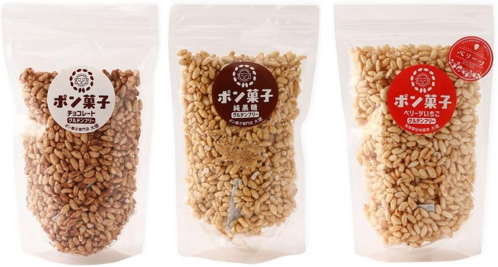 Daitoku Pong Sweets, 3 Flavor Variety Set (Chocolate, Berries Strawberry, Pure Brown Sugar), 2.1 oz (60 g) Each, Rice Confectionery, Additive-Free, Gluten Free