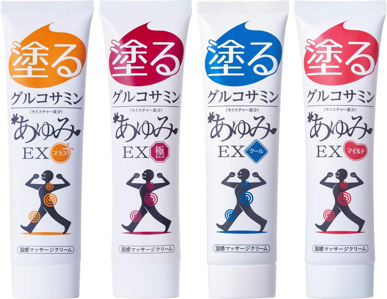Paint Glucosamine Ayumi EX 4 Types Set (Plus, Extreme, Cool, Mild), Warm, Pleasant, Knee, Waist, Shoulder, Hyaluronic Acid, Chondroitin, MSM Formulated Gel