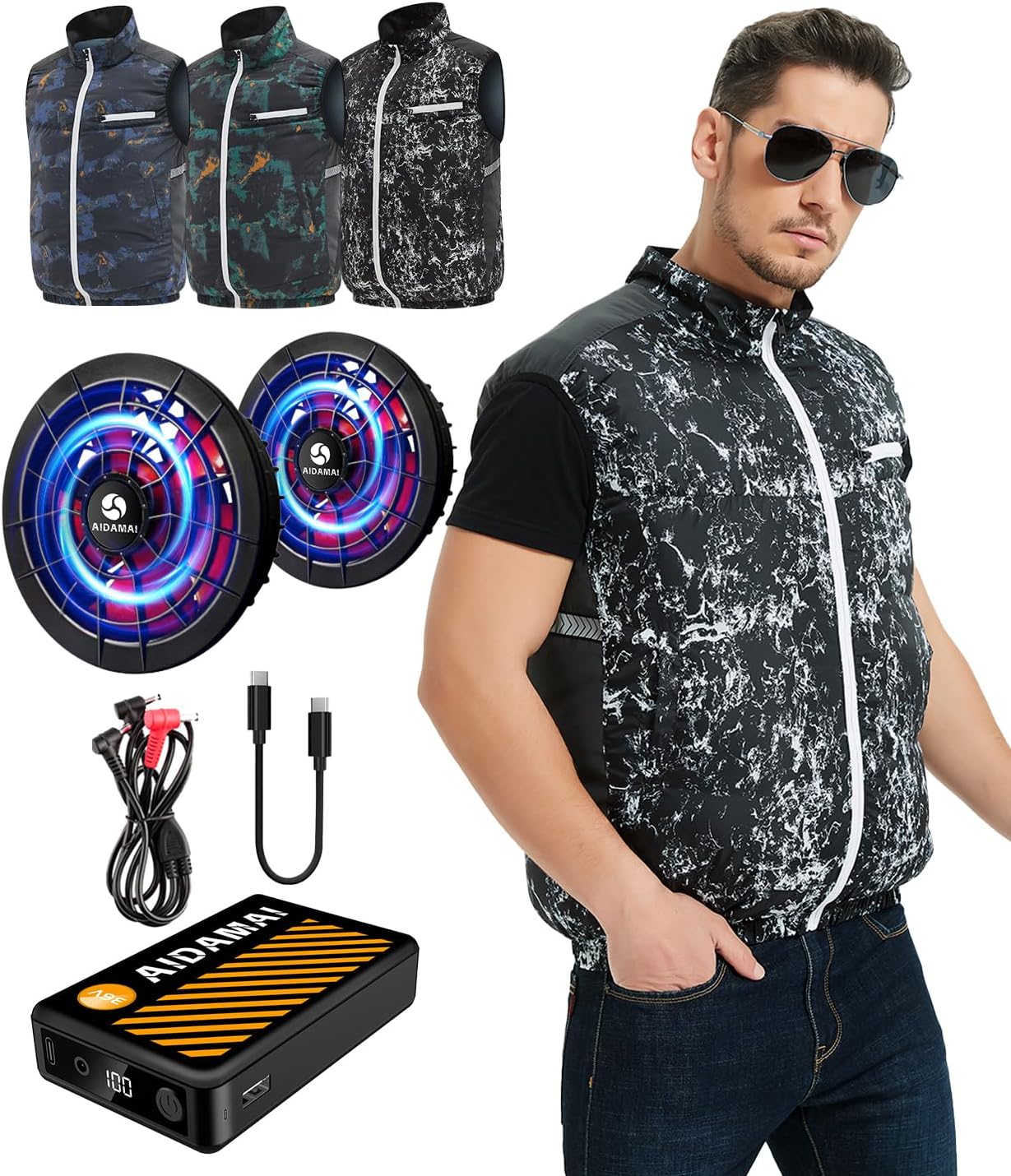 AIDAMAI Fan Battery Set with Fan [2025 Strongest Storm Storm, 36V Ultra High Output], Large Capacity, 25,000 mAh, Air Cooling Adjustment Work Clothes, Brushless Motor, Silent, Long Life, Heat