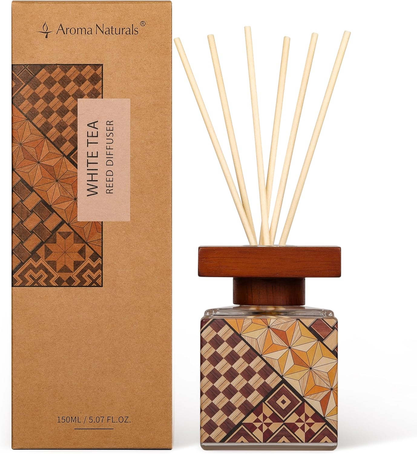 Aroma Naturals Reed Diffuser with Marquetry Pattern Sheet Room Fragrance Present Gift 150ml (White Tea)