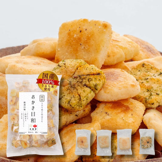 Kishundo Okaki Biyori 4 Types 114 Pieces Cheese Sweet Corn Wasabi Green Seaweed Individually Packaged Large Capacity Snacks Commercial Use Assorted Okaki Senbei Osenbei Rice Crackers Arare Gift