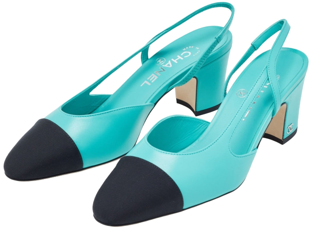 CHANEL GABRIELLE SLINGBACK HEELS TEAL 24C