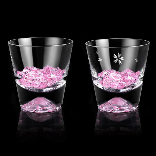 Mt. Fuji Glass Sakura Cut Rock Glass Pair Set Premium Artisan Handcrafted Kiri Box Japan Sake Beer Whiskey Glass Stylish Celebration Wedding Anniversary Retirement Gift Present Popular 270cc (2-Piece