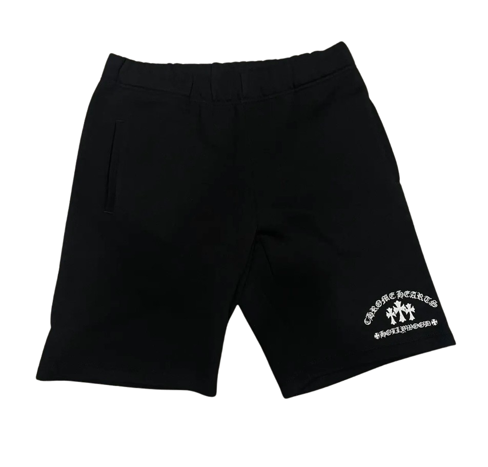 CHROME HEARTS 'TRIPLE CROSS' EMBROIDERED BLACK SWEAT SHORTS