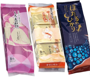 Toyama Souvenir Food Comparison Set: Shiroe Bikiyuki (2 sheets x 11 bags), Shrimp (18 sheets), Hotaruhikari (15 pieces) [3 types (1 bag each)]