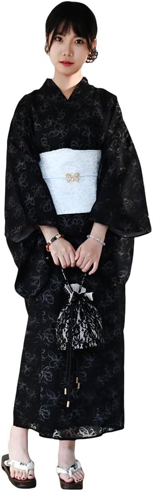 Women's Two-Piece Yukata, Separate Yukata Set, Beige and Black, Organza Floral Pattern, One Size Fits Most, Cover/Cami Dress, Easy to Wear, Comfortable to Wear, Summer Clothing, Festivals