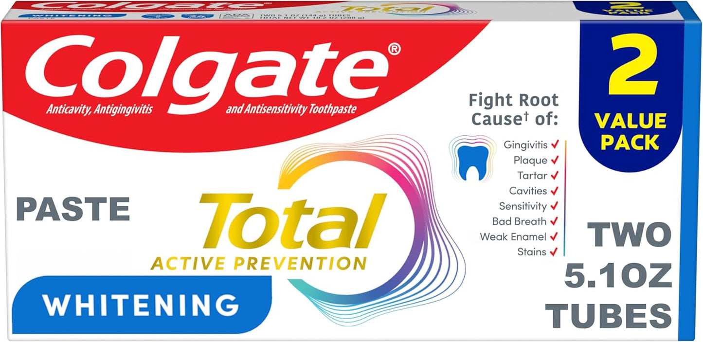 Pasta dental blanqueadora Colgate Total, 5.1 oz, paquete de 2, fluoruro antibacteriano para placa, gingivitis, sensibilidad, eliminación de manchas, clínicamente probado, menta