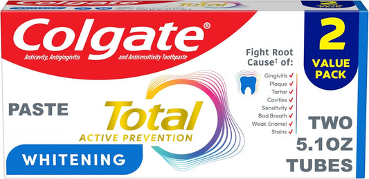 Pasta dental blanqueadora Colgate Total, 5.1 oz, paquete de 2, fluoruro antibacteriano para placa, gingivitis, sensibilidad, eliminación de manchas, clínicamente probado, menta