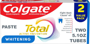 Pasta dental blanqueadora Colgate Total, 5.1 oz, paquete de 2, fluoruro antibacteriano para placa, gingivitis, sensibilidad, eliminación de manchas, clínicamente probado, menta