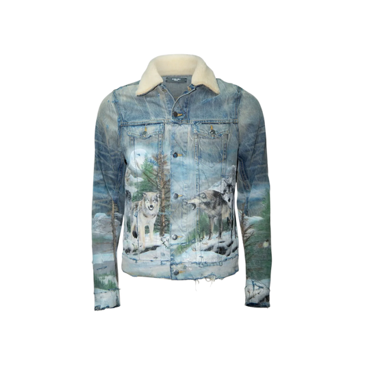 AMIRI SHERLING AIRBRUSH WOLF DENIM TRUCKER JACKET BLUE