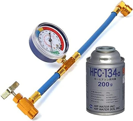 Car Air Conditioner Gas Charge Hose (15.7 inches (40 cm) with Meter, R134a and Refrigerant for Car Air Conditioners, HFC-134a Set, Japanese Instruction Manual Included (English Language Not Guaranteed) (1 Gas Charge Hose + Refrigerant Gas Can Set)