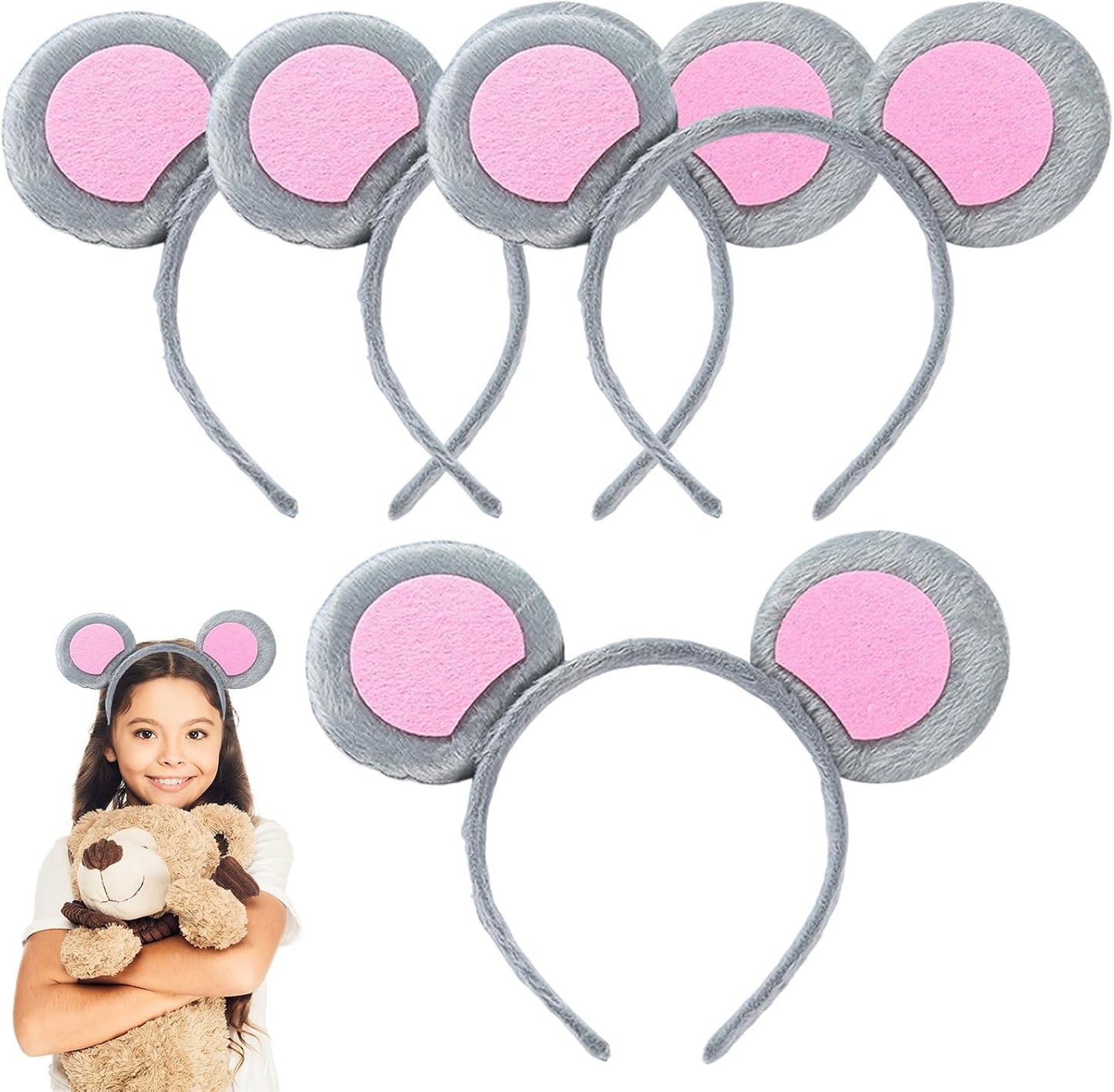 EUPSIIU 4 x Cartoon Mouse Ears on Headband Grey Animal Mouse Ears Hair Bands for Children Adults Costume Animal Cosplay Party Halloween Carnival (Grey, M)