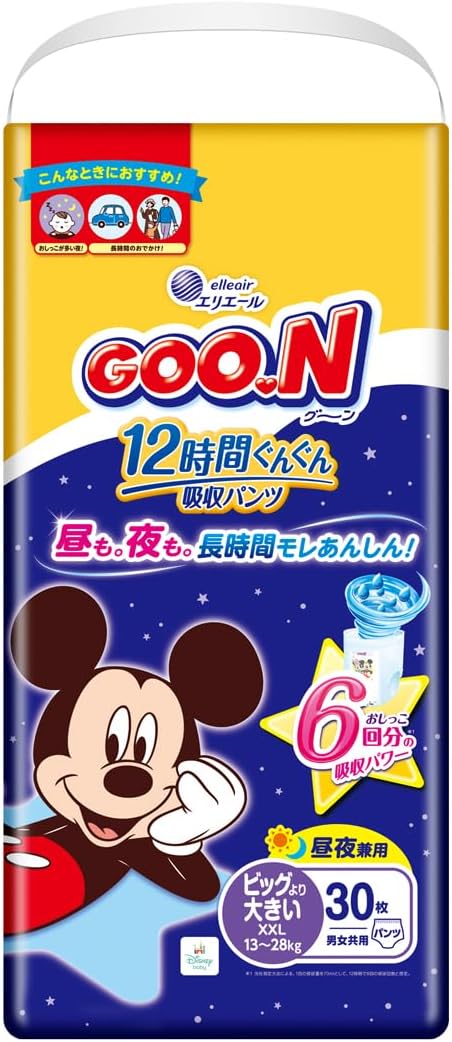 Pants Larger Than Big Size, Goon, 12 Hour Absorbency Pants, Diapers, 28.7 - 55.1 lbs (13 - 25 kg), 30 Pieces, Unisex (Disney Design)