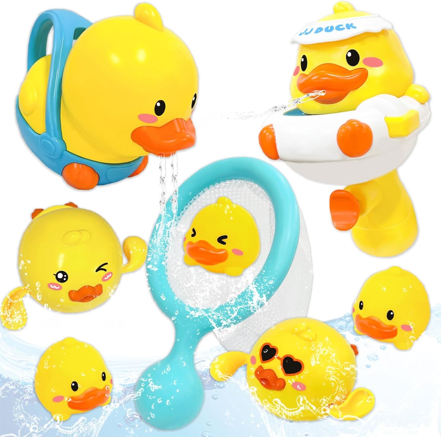 Bath Toy, Bath Toy, Swimming Duck on Water Surface, Water Gun, Watering Can, Landing Net, Bathroom, Water Play, Bath Toy, Shower Toy, Duck, with Storage Net, Christmas, Birthday, Gift, 9PCS