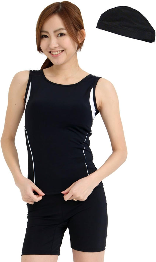 (LE MODE) lemode CSMB122 Women's Fitness Swimsuit, With Swim Cap Set, Separate Top and Bottom, Sleeveless, Competition Swimsuit, Fitness, Prevents Riding Up