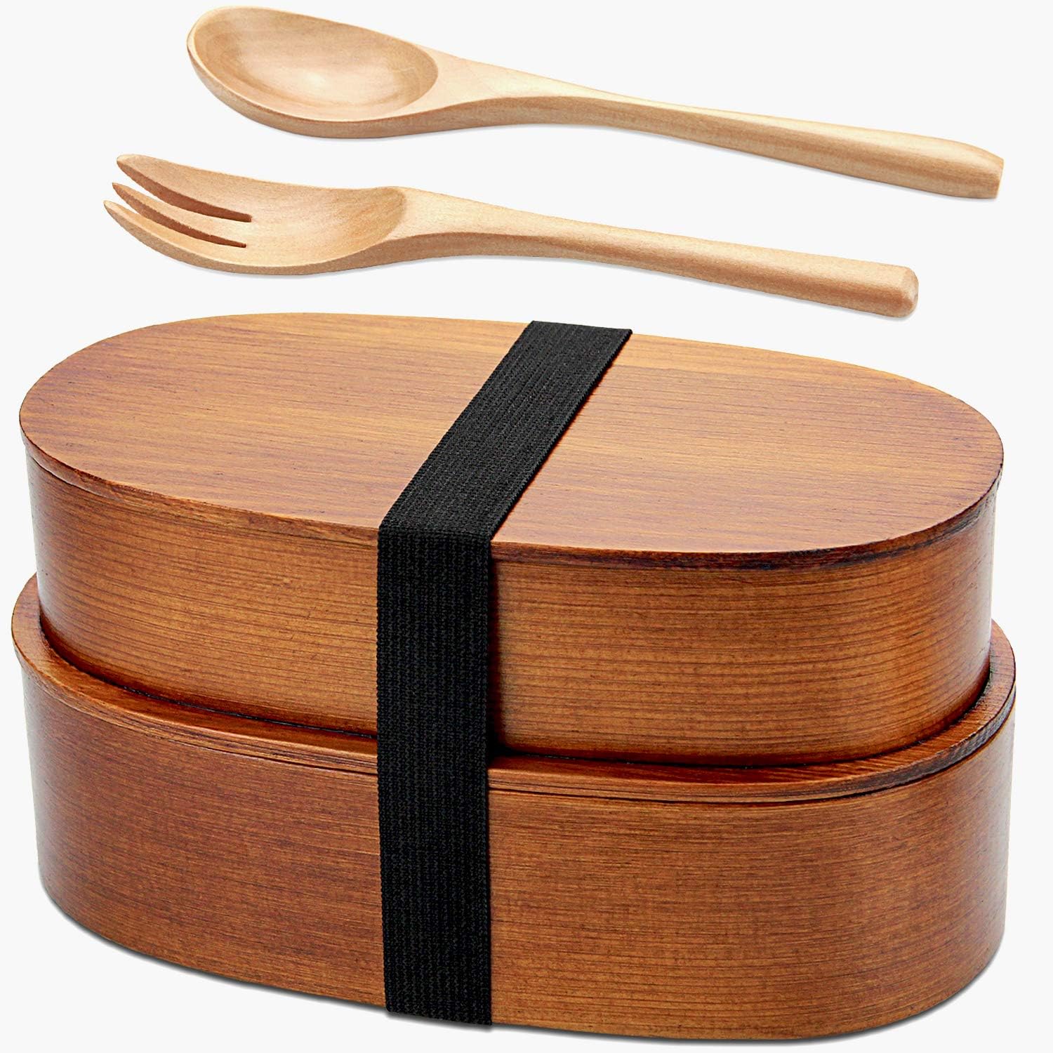 AOOSY Bento Box 1000ml Small 2-Tier Natural Lacquered Magewappa Lunch Box Lightweight Bento Box with Wooden Spoon and Fork for Commuting, School, Handmade Large Capacity Bento Box for Boys, Girls