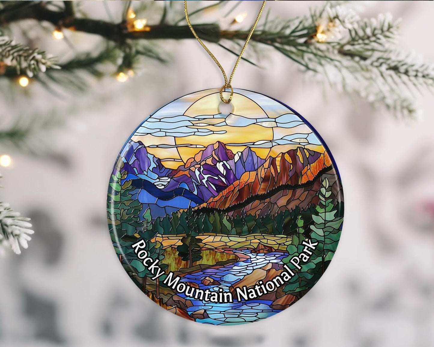 Adorno del parque nacional de las Montañas Rocosas, adorno de aspecto de vitral, adorno de Navidad de parques nacionales, adorno de recuerdo, recuerdos de viaje, adorno de Navidad de cerámica impreso