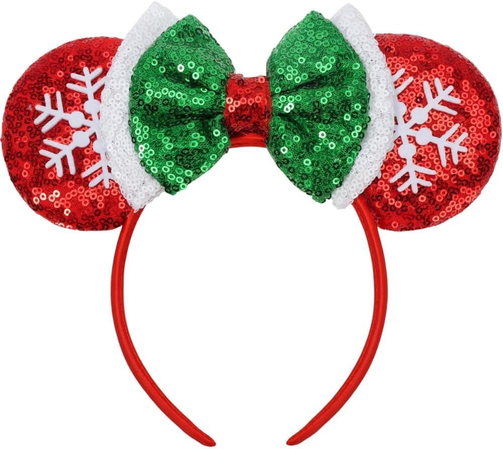 Pink Minnie Ears Headband Hair Band for Women Girls Fashion Design (Red Christmas Flake)