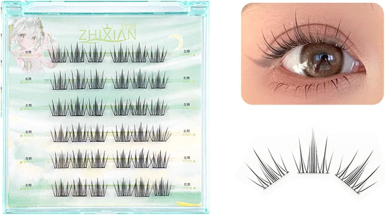 False Eyelash Parts, 6 Pairs 0.05 mm Extra Fine Axis, Transparent Axis, No Adhesive, Reusable, Natural, Beginners, Lightweight, Thin Makeup, Everyday Use, Office Lady, Suitable for Students (S-002)