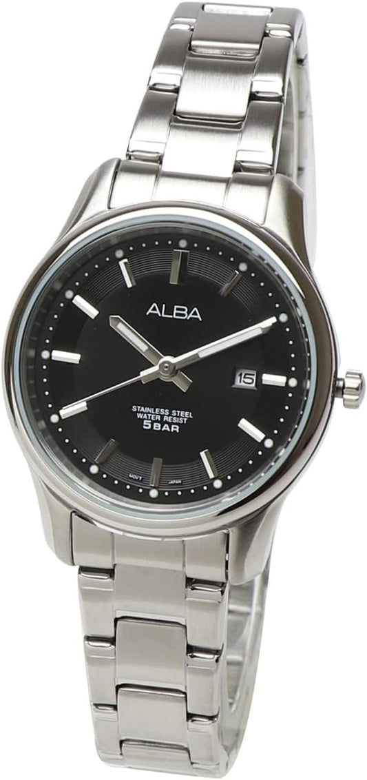 Seiko ALBA Aruba Black AH7E23X1 Quartz Women's Stainless Steel Business Analog Date Calendar Watch Women Simple Bracelet, Black, Bracelet Type