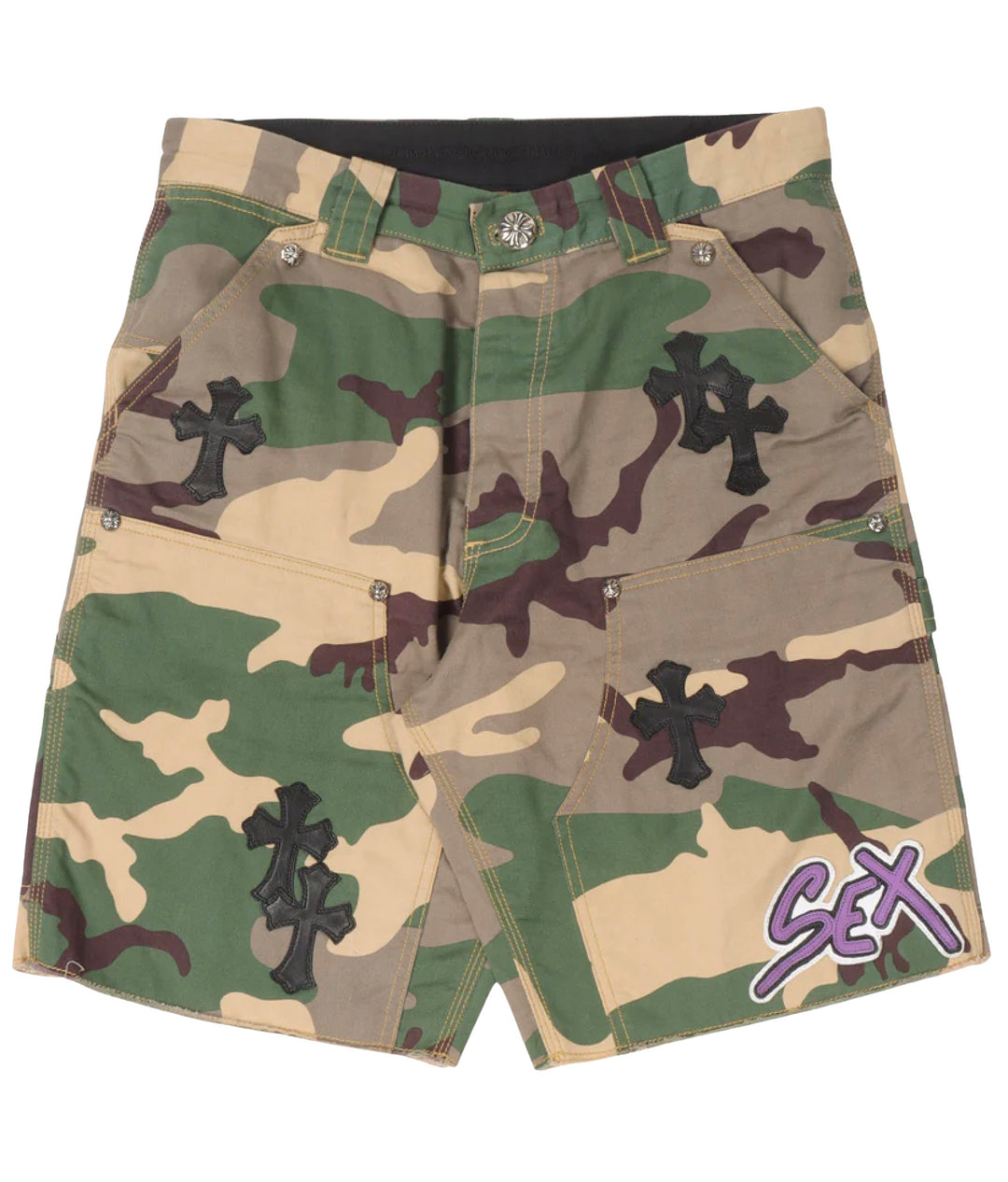 CHROME HEARTS MATTY BOY 'WOODLAND CAMO' SEX RECORDS CARPENTER SHORTS