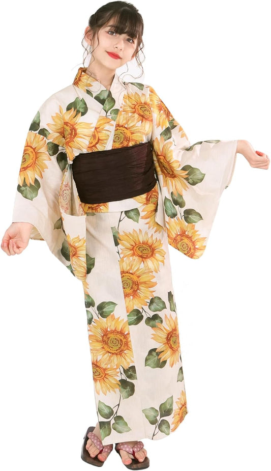 Kyoetsu Yukata Robe Set, Unbleached, Alternating Weaves, 2/4-Piece Set (Yukata, Waistband, Waist Cords), Junior Girls, H