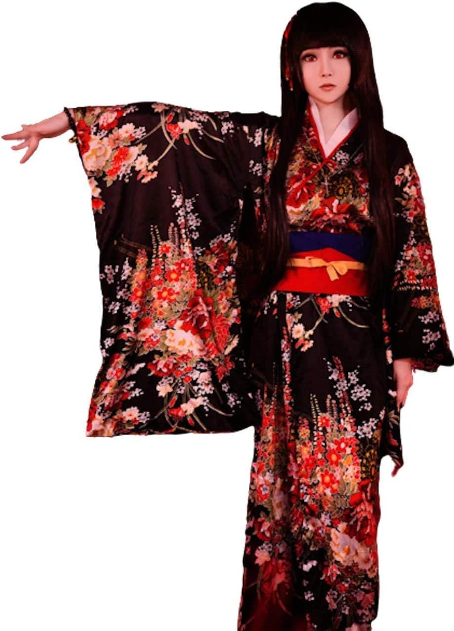 Lady Lazy Kimono, Hell Girl Cosplay Kimono, Long Kimono, Yukata, Floral Pattern, Long Sleeves, Black