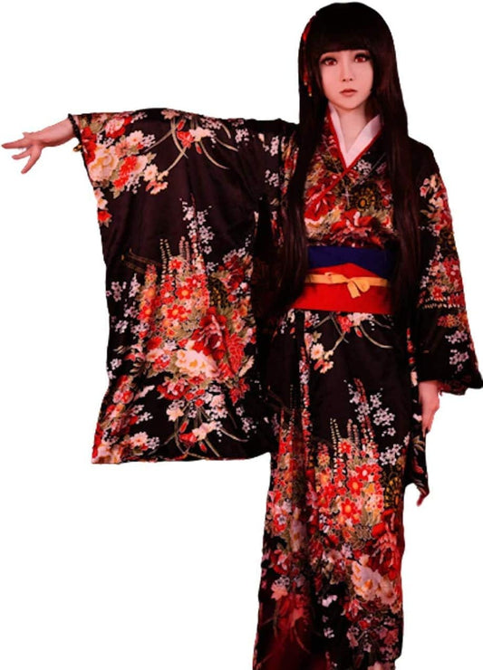 Lady Lazy Kimono, Hell Girl Cosplay Kimono, Long Kimono, Yukata, Floral Pattern, Long Sleeves, Black