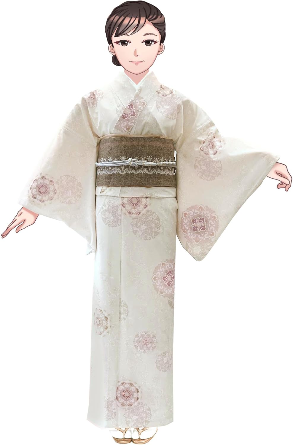 [Kyoto Muromachi st.] Washable Kimono Single Coat [Single Item] or [Half-width Obi] or [Nagoya Obi] Set, Small Pattern, H・L Brand, 2024, One Size Fits Most, Gray Beige, Flower Pattern, HLDSH-134-set