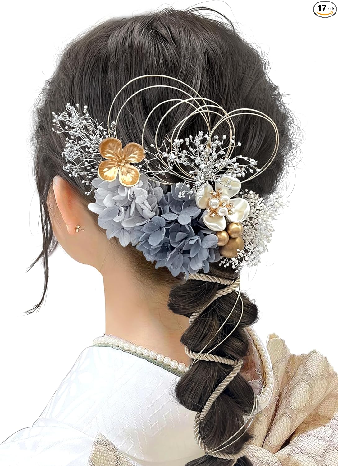 JZOON Hair Ornament, Popular, Set, Hair Accessories, Hair Arrangement, Dried Flowers, Kimono, Traditional Wear, Yukata, Coming-of-Age, Wedding, Graduation Ceremony, Shichi-Go-San, Festival, Ponytail
