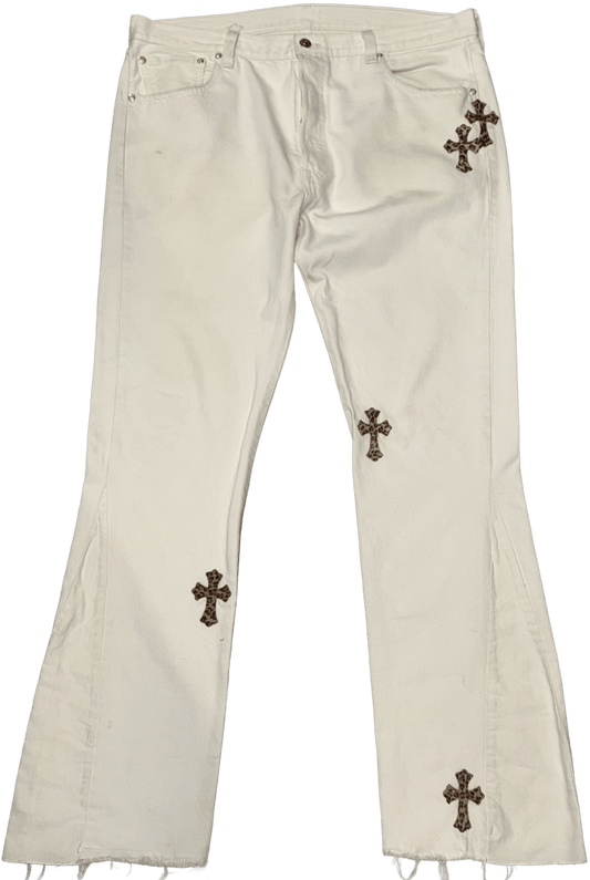 CHROME HEARTS '12 CHEETAH PATCH' WHITE JEANS