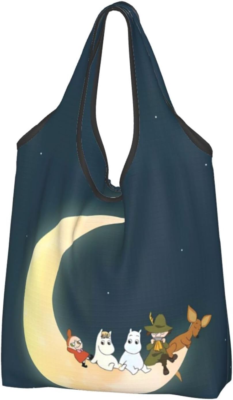Moomin, Large Capacity, Eco Bag, Foldable, Compact, Shopping Bag, Waterproof, Lightweight, Pocket-Size, For Convenience Stores, Popular, Goods, Animation, Black