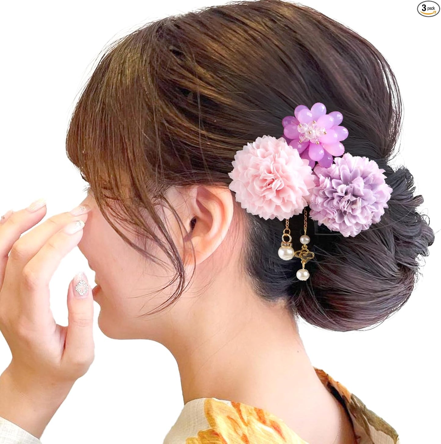 JZOON Hair Ornaments 3-Piece Set, Flowers, Yukata, Coming-of-Age Ceremony, Graduation Ceremony, Fireworks Display, Ping Pong Mom, Pearl, Hair Accessories, Cute, Long Sleeve Hakama, Coming-of-Age