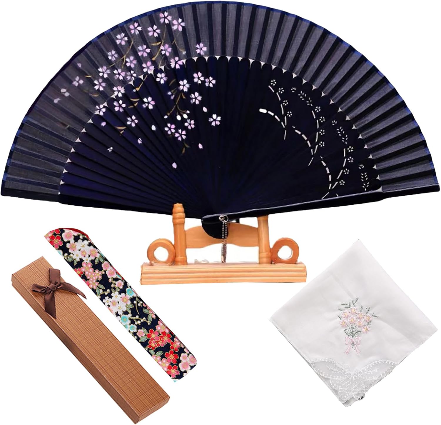 Jinchuan Women's Folding Fan, Luxury Business Fan Holder with Handkerchief Set, Cherry Blossom Rabbit, Japanese Style, Original Design