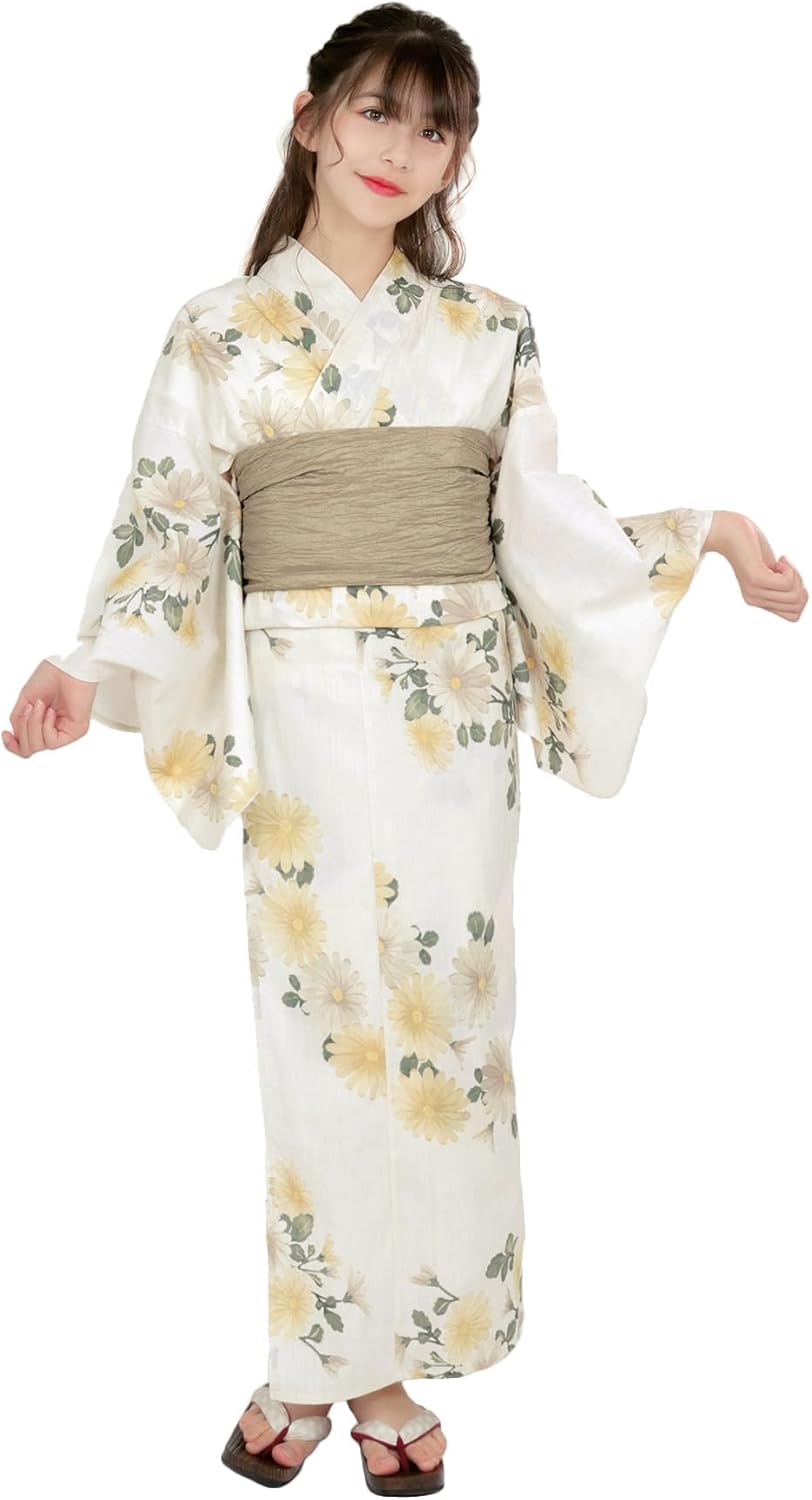 Kyoetsu Girls Yukata Set, E; Changed Weaving, 3-5 Piece Set (Yukata, Waistband, Geta Clogs, Waist Straps) for Girls, Junior