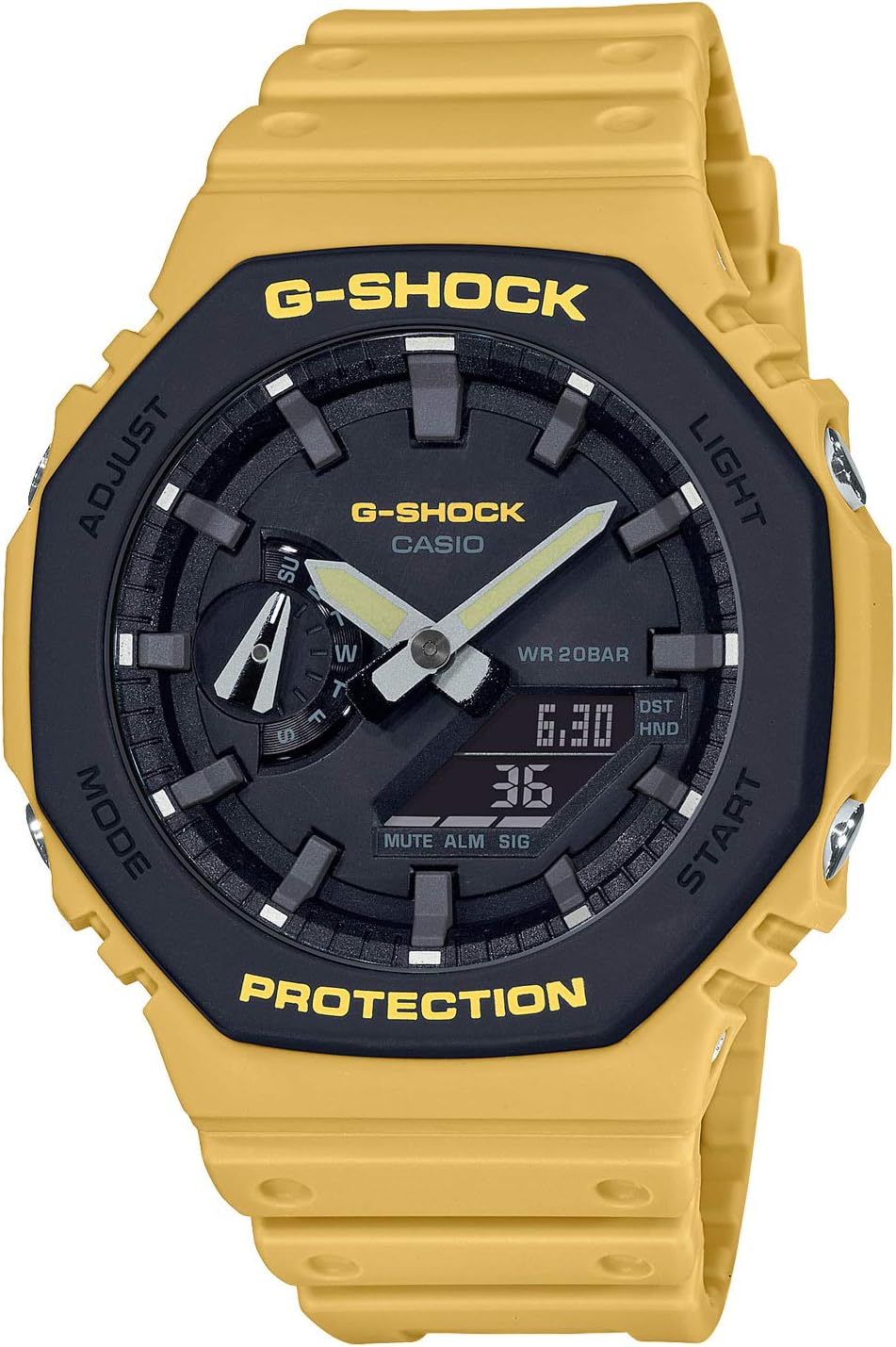 Casio G-SHOCK GA-2100 Series Men's Carbon Core Guard Digital Analog Combination Model, mustard
