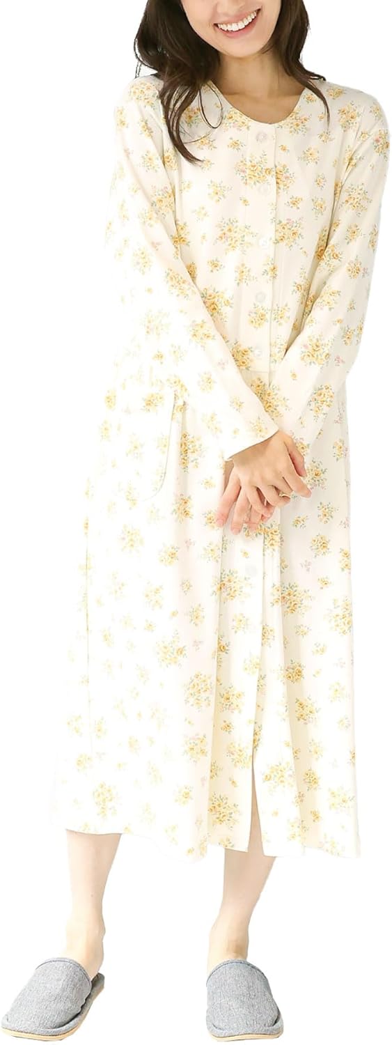 Nishiki Women's Sleepwear, Pajamas, Made in Japan, Domestic Sewing, 100% Cotton, Smooth Material, Skin-friendly, Dress, Long Sleeve, Open Front, Long Length, Spring and Autumn, Room Wear, Loungewear