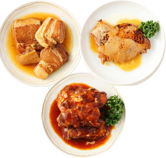 Uchinoya New Meat Side Dish B, 3 Items x 2 Bags of Each, Set of 6 in Total, Delicious Food, Retort Food, Long-term Storage, Preservatives, No Coloring, No Additives, Room Temperature Storage
