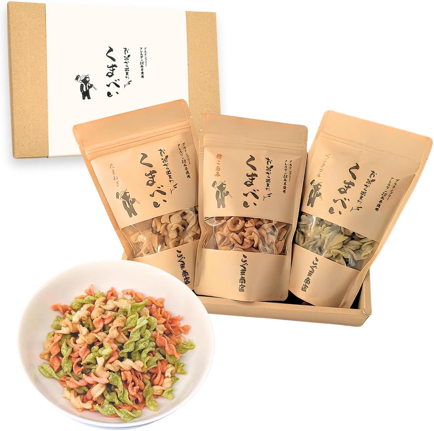 Koguma Shop Osaka Souvenir | 【Gluten-Free Allergen-Free 28 Items Not Used】 Kumabei Rice Flour Pasta Snack (Onion・Sakura Koami・Vegetable) (45g × 3 Bags Best-Selling Popular 3-Pack)