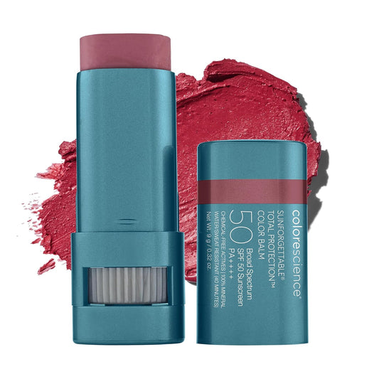 Colorescience Sunforgettable - Bálsamo de color de protección total SPF 50, mineral, amplio espectro, color de labios y mejillas para construir