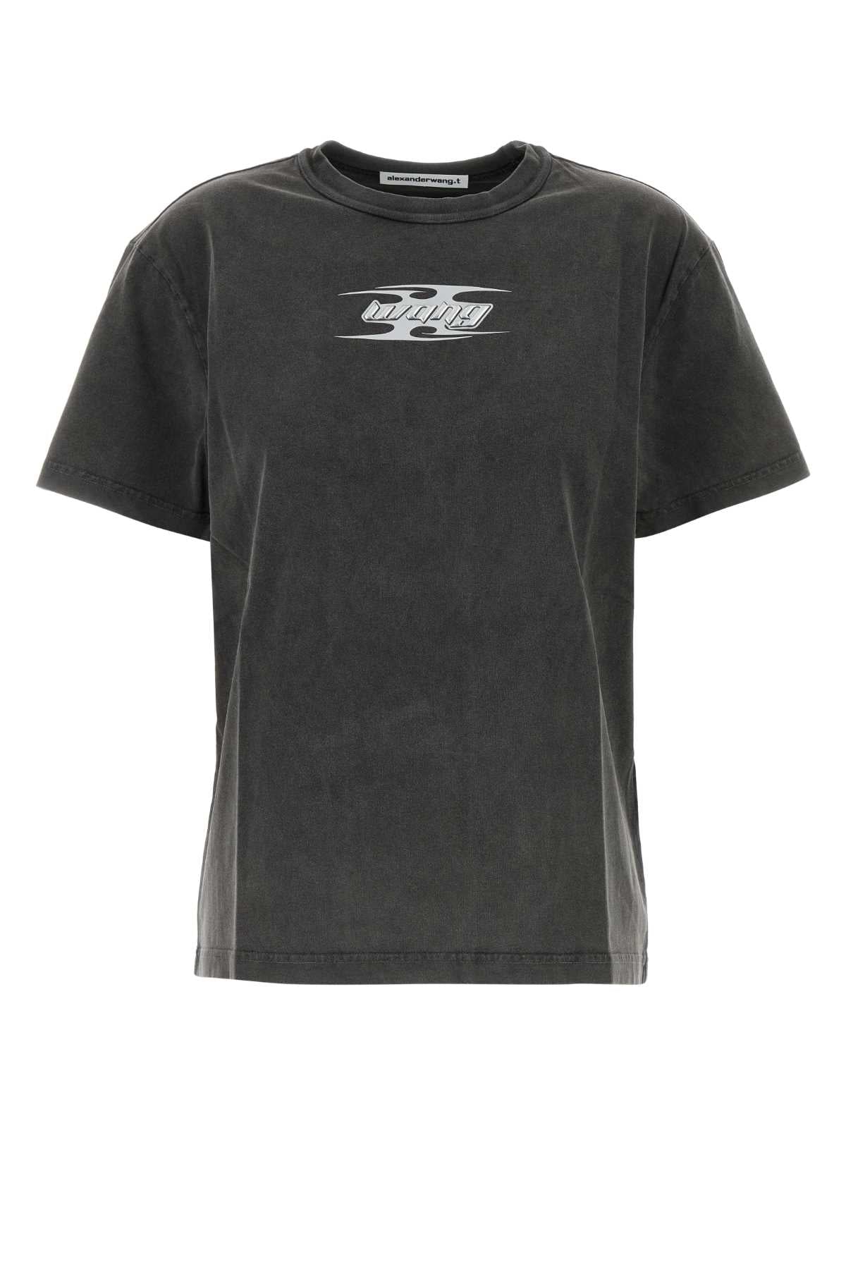 T By Alexander Wang Tによるアレクサンダー・ワンダークグレーコットンTシャツ - Image 1