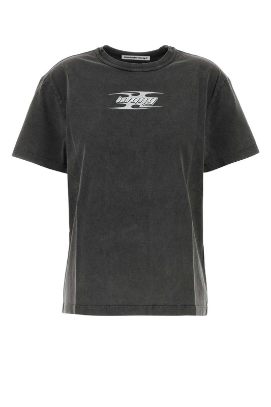 T By Alexander Wang Tによるアレクサンダー・ワンダークグレーコットンTシャツ - Image 1